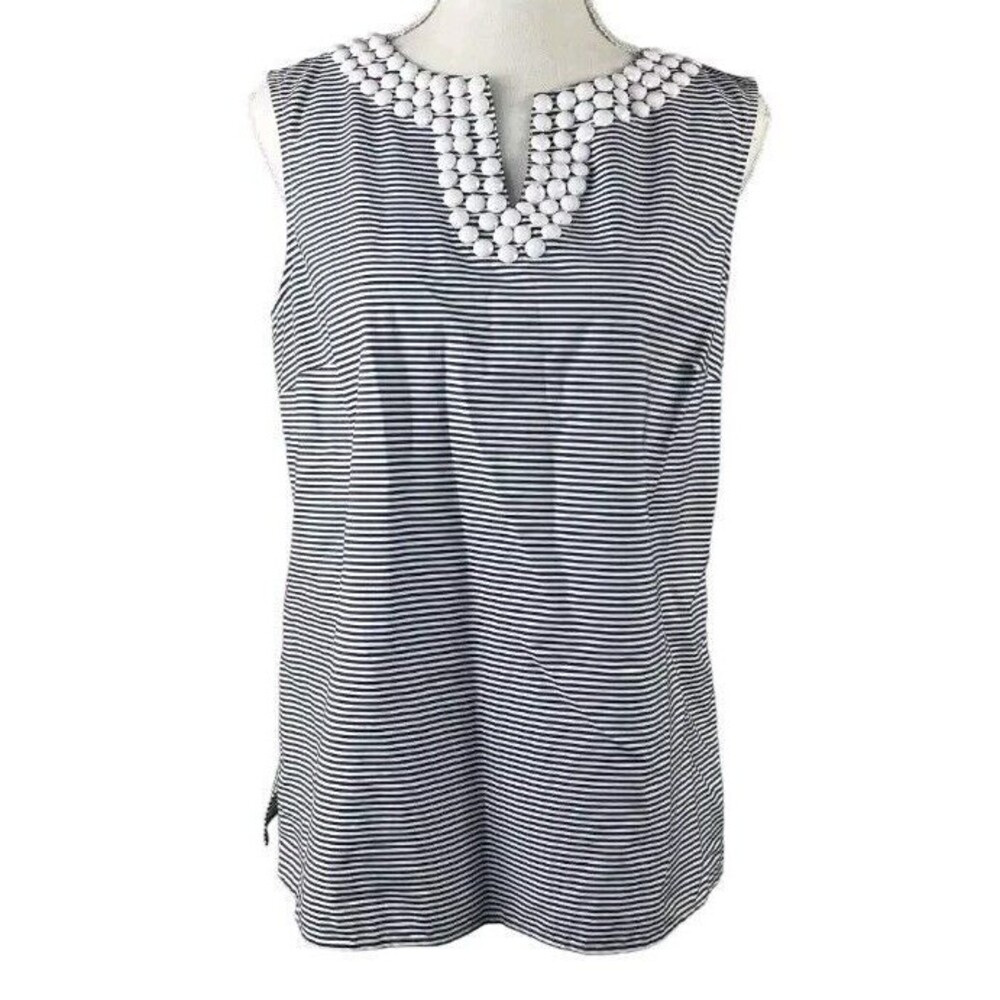 Talbots Women's Blue White Striped Sleeveless Beaded Embellished Top Size 6 NW0T